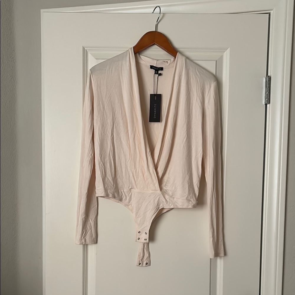 Dynamite Cream 3/4 Sleeve Wrap Bodysuit
